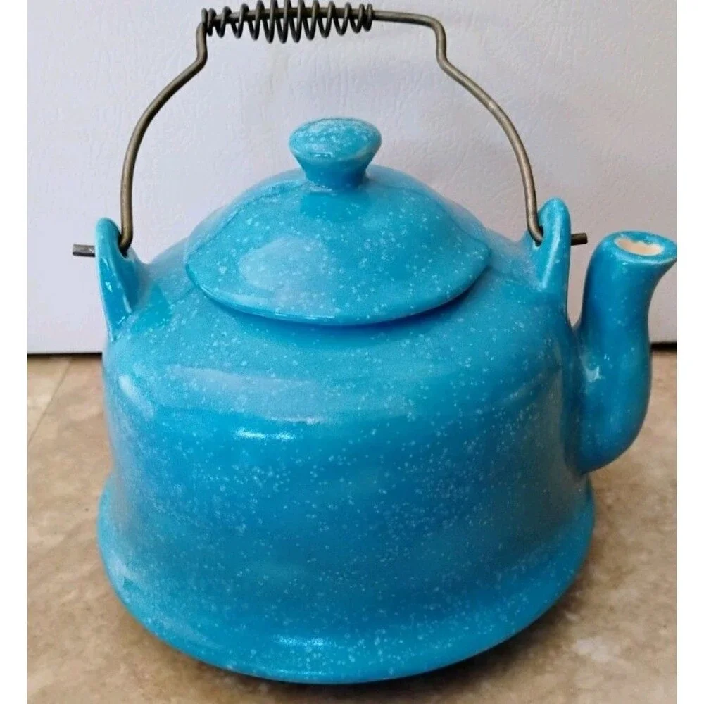 Mid-Century Style Speckled Turquoise Ceramic Teapot – Handcrafted Studio Pottery